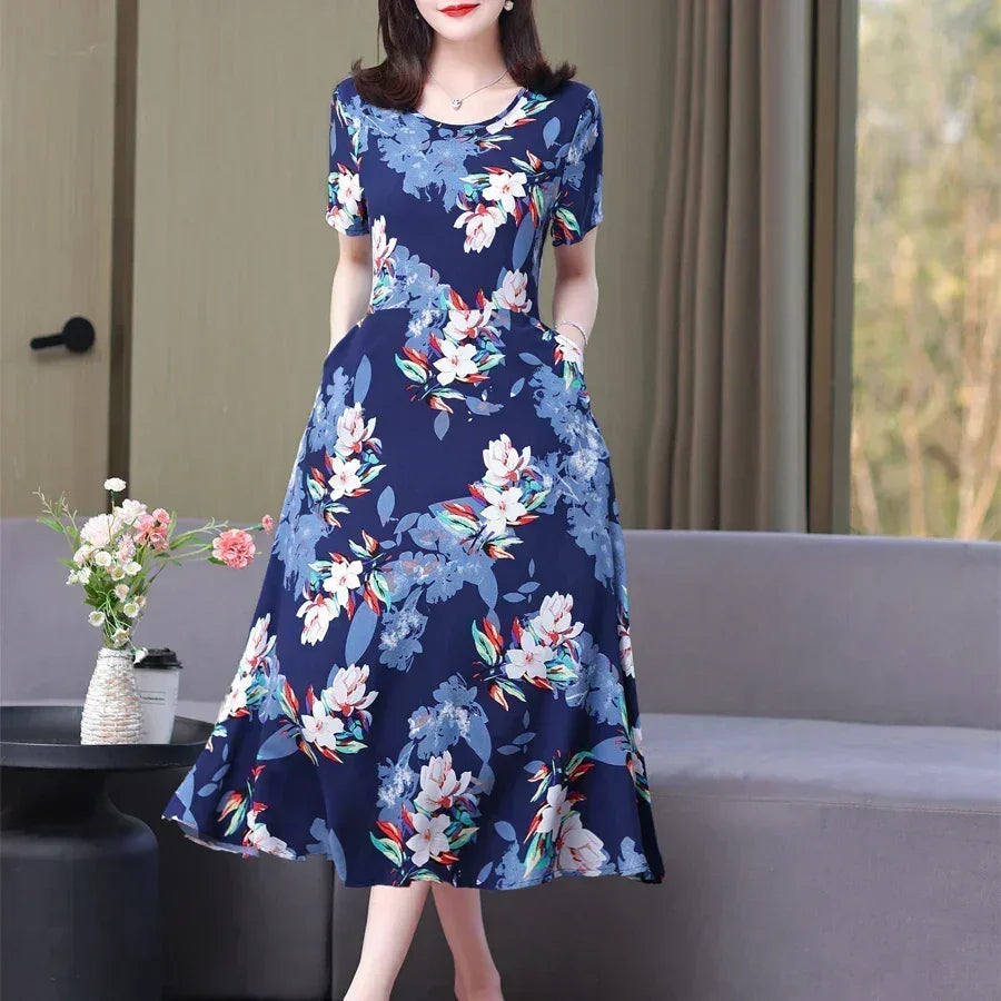 New Fashion Casual 2024 Summer Elegant Dresses For Women O-Neck Print Vintage Short Sleeve Dress Loose Women Clothing