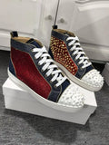 Red Rhinestones Gold Metal Rivets Men's Casual Sports Shoes Round Toe Lace-Up Thick Flat Sole High-Top Sneakers Male Patchwork