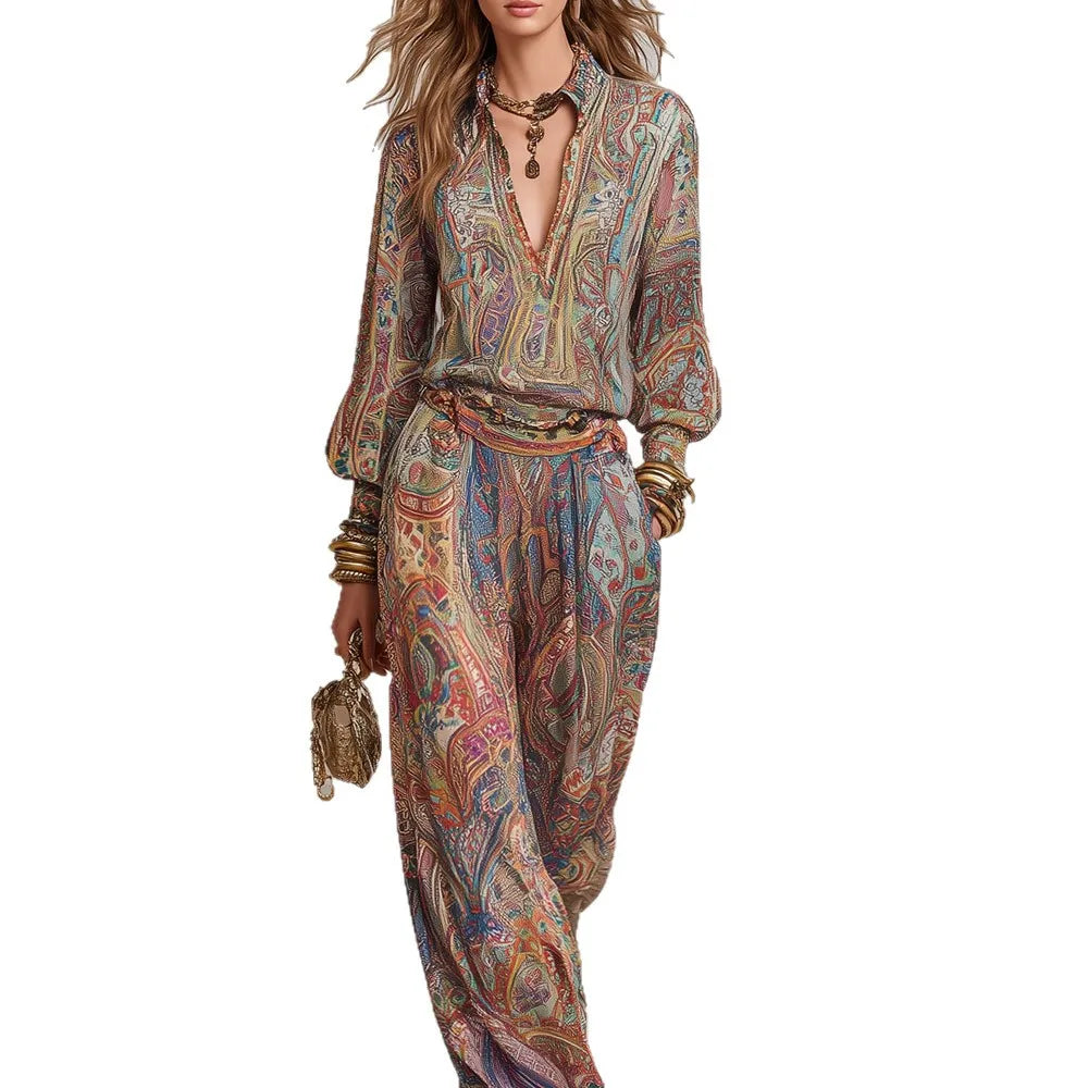 Boho Paisley Print Two-Piece Set for Women Sexy V-Neck Long Sleeve Blouse Top & Wide Leg Pants Casual Loose Suit for Vacation