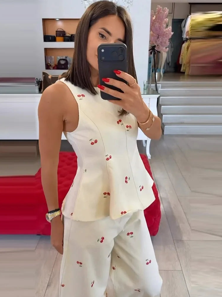 Casual Printed Women's Top Trouser Suits Sleeveless O-Neck Wide Leg Pants Lady Set 2026 Summer Vacation 2 Pieces Set Women New