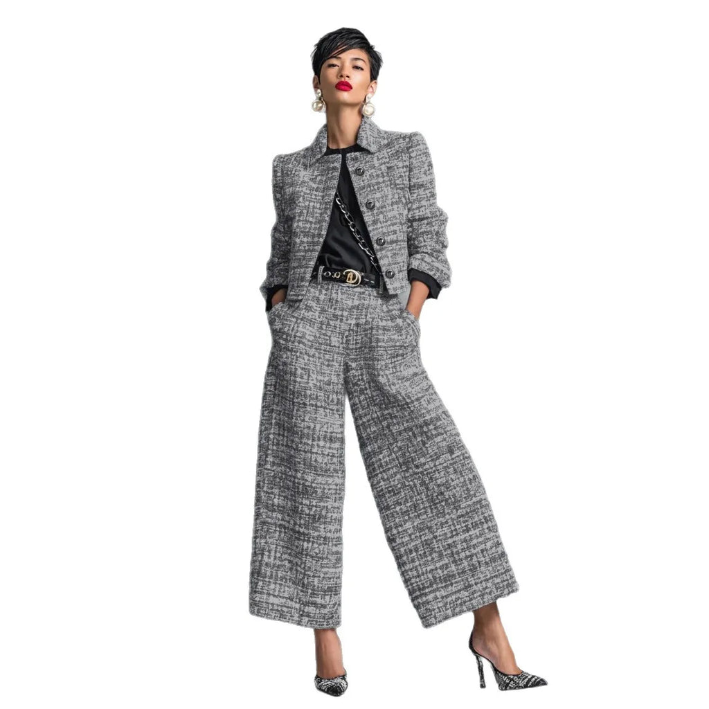 Fashionable Commuter Women's Suit Casual Solid Color Lapel Cardigan Short Jacket Paired With Loose Wide-leg Pants Two-piece Set