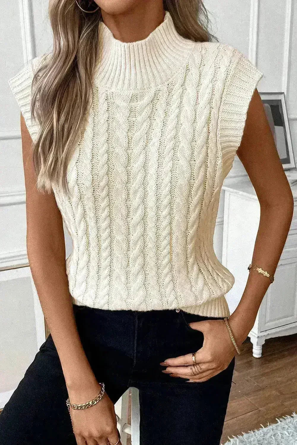 Cable Knit Sweater Vest – High Neck & Textured Oatmeal