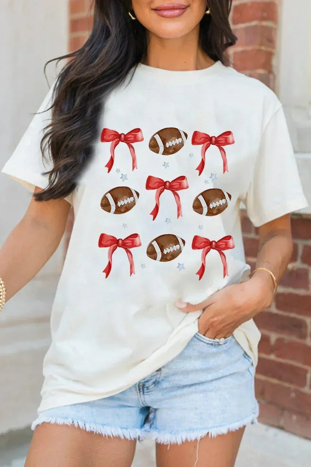 White Football and Bow Graphic Crewneck Tee