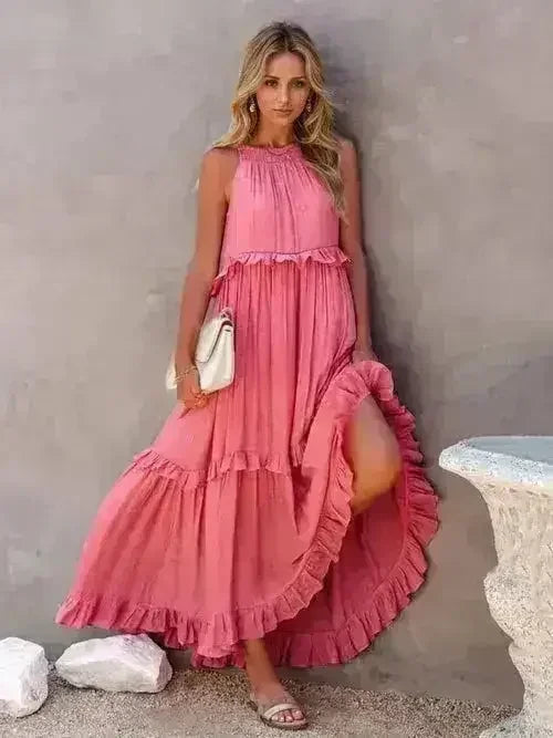 Ruffled Sleeveless Tiered Maxi Dress with Pockets
