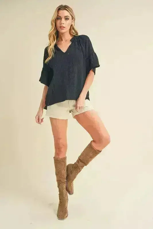 Aemi + Co Side Slit Notched Ruffled Half Sleeve Blouse