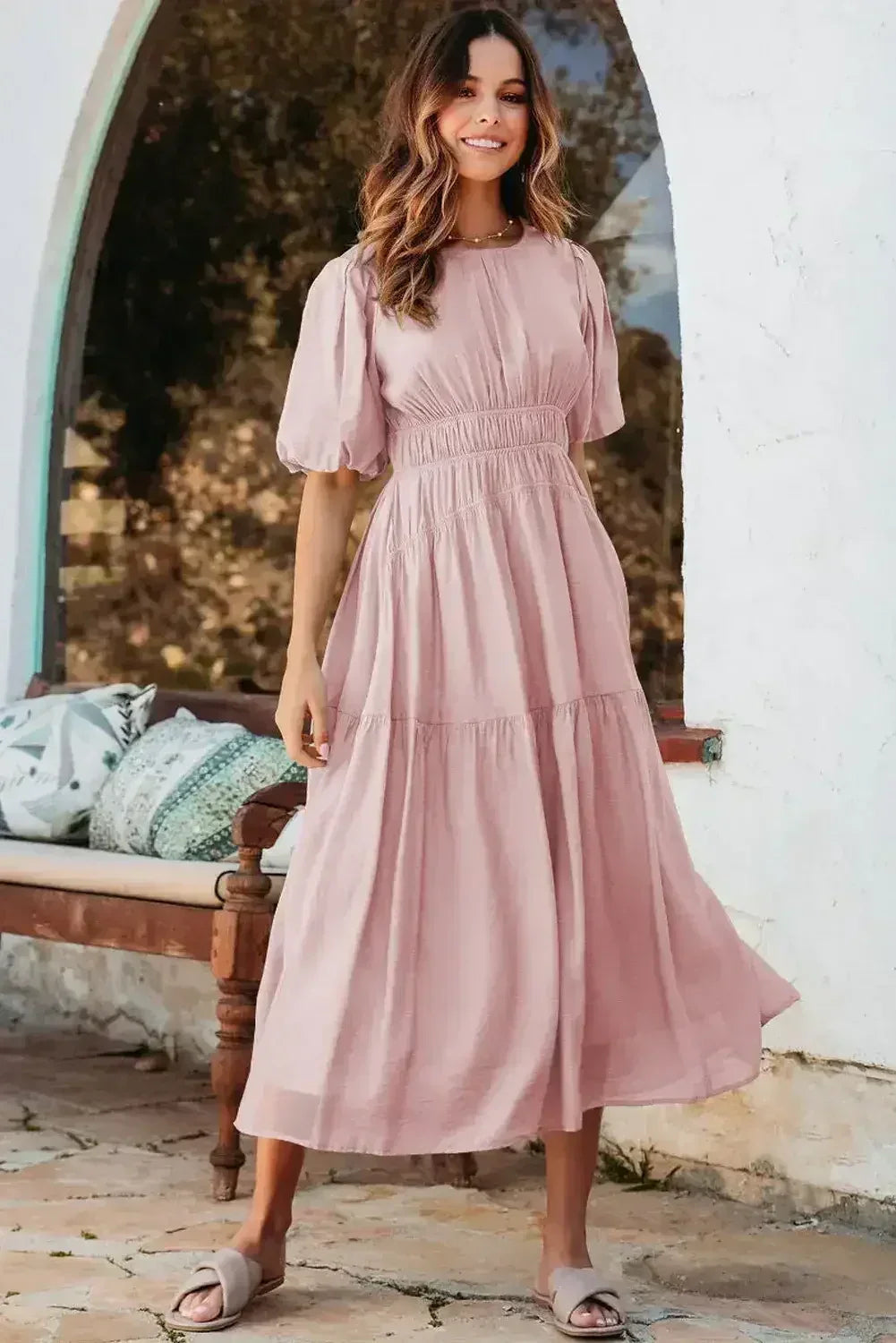 Light Blue Puff Sleeve High Waist Flowy Midi Dress