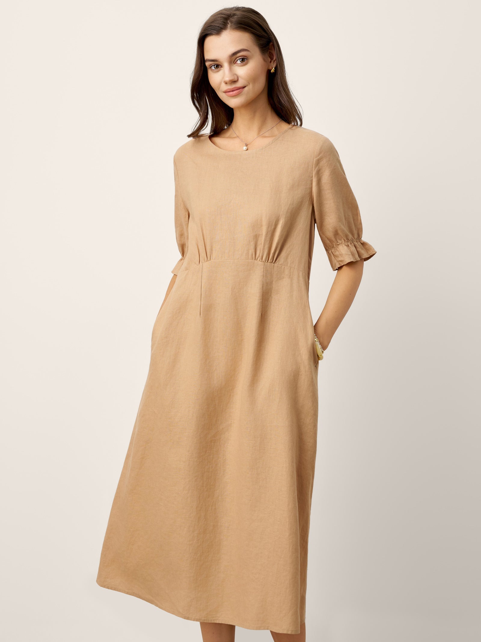 100% Linen Round Neck High Waist Ruffle Sleeve Maxi Dress ZEPHYRA