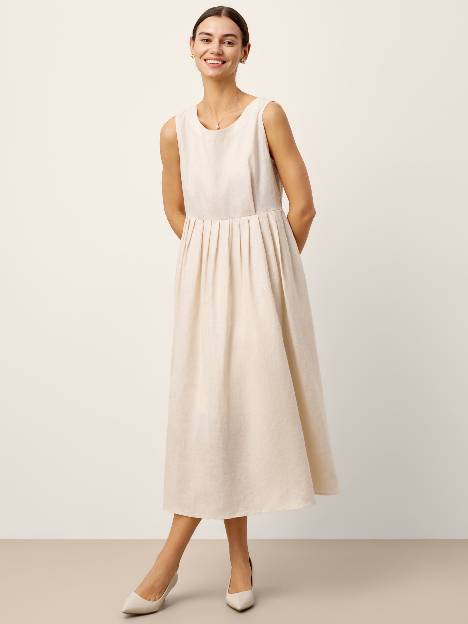 100% Linen Sleeveless Crew Neck Waist Pleated Maxi Dress SELENE