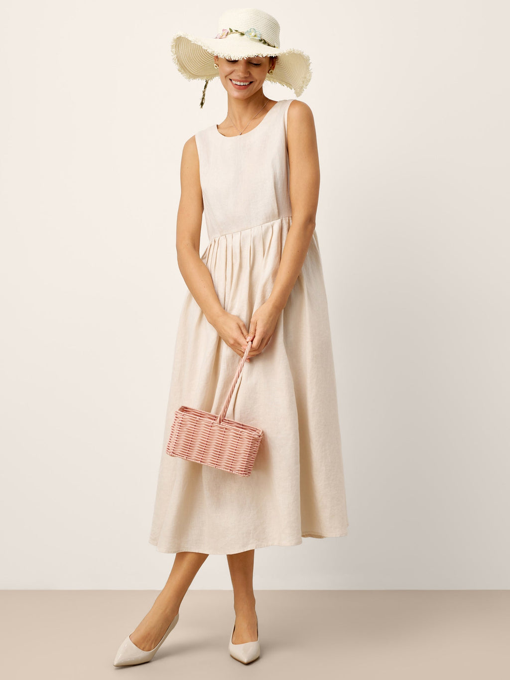 100% Linen Sleeveless Crew Neck Waist Pleated Maxi Dress SELENE