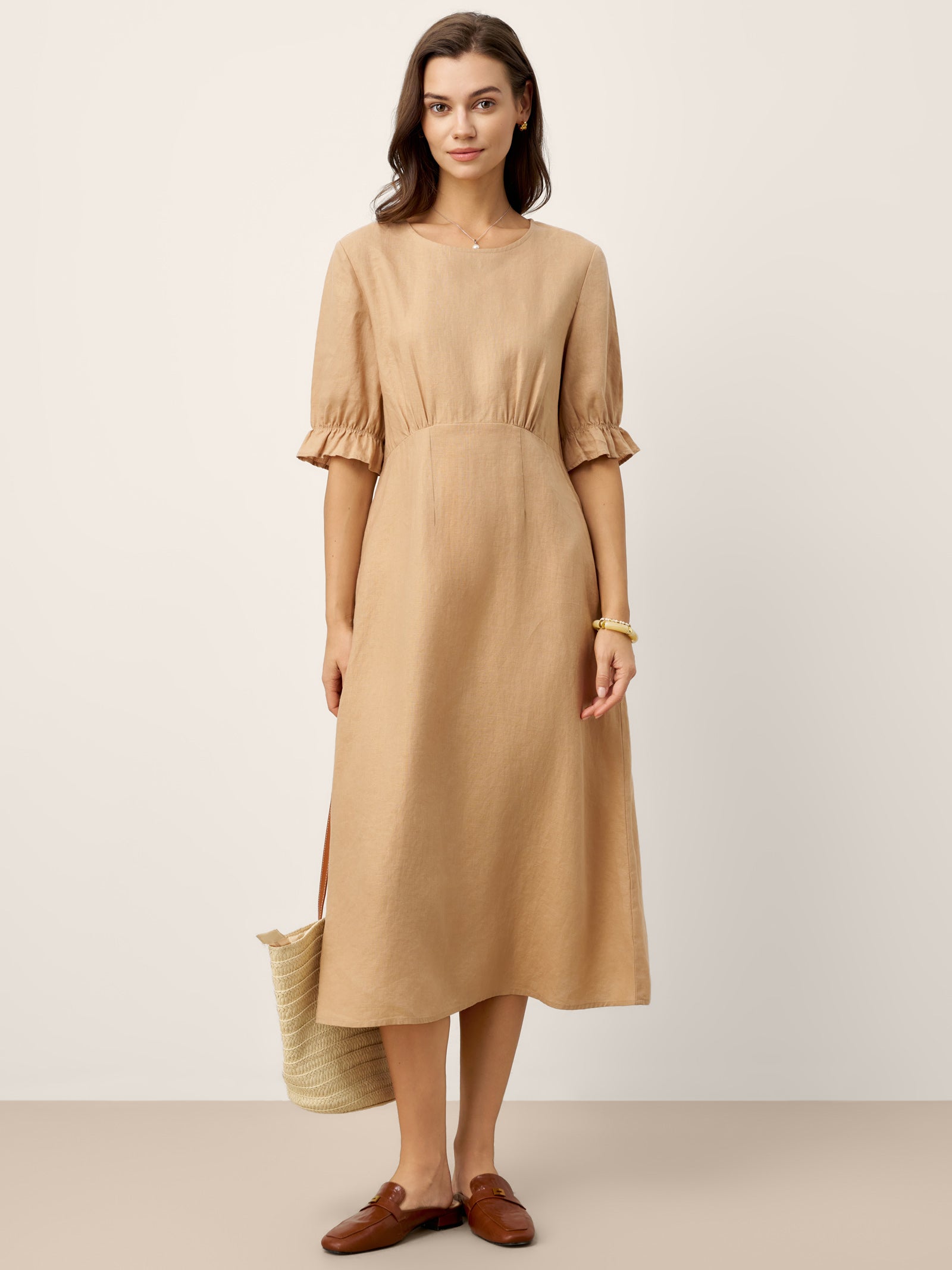 100% Linen Round Neck High Waist Ruffle Sleeve Maxi Dress ZEPHYRA