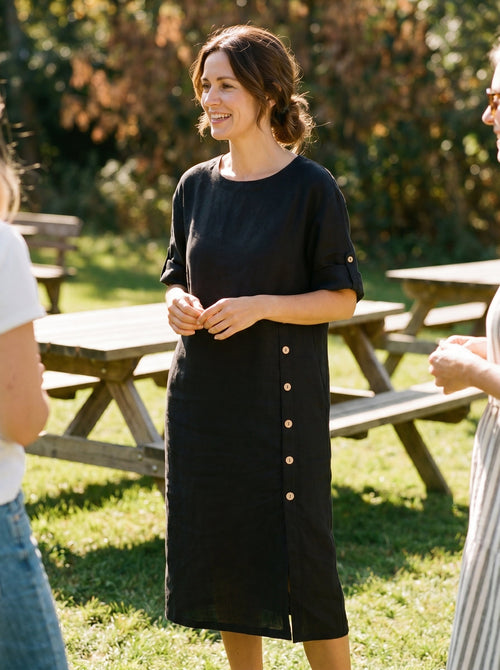 100% Linen Round Neck Button Detail Midi Dress JELENA